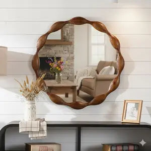 32.28" Solid Wood Round Mirror, Rustic Farmhouse Wavy Irregular Decorative Wall Mirror - Walnut, Large Circle Wood Frame Mirror for Living Room, Hallway, Entryway