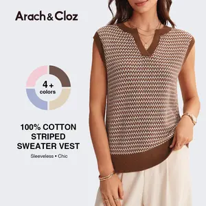 Arach&Cloz Womens 100% Cotton Sweater Vest Striped Polo V Neck Knit Tank Top Casual Wear 2026 Womenswear