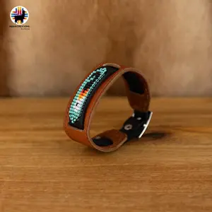 Indigenous Creations Beaded Cuff Bracelet Handmade by Indigenous Hands Leather Unisex Adjustable Strap 10.5" Length 9" Adjustable Cuff Handcrafted Elegance