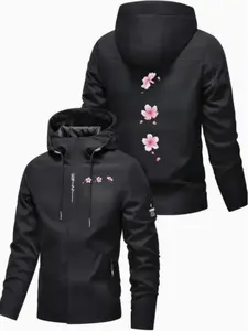 Men's and Women's New Windbreaker Jacket with Cherry Blossom Print, Breathable Outdoor Hiking Coat, Full Zip Hooded Jacket for Commuting and Travel