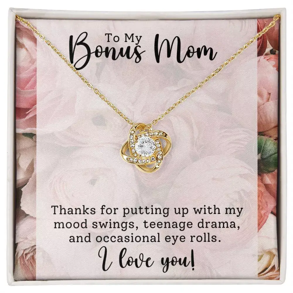 Love Knot Necklace for Stepmom & Bonus Mom, Gold Plated Pendant with Synthetic Diamond, Adjustable Chain for Birthday & Anniversary