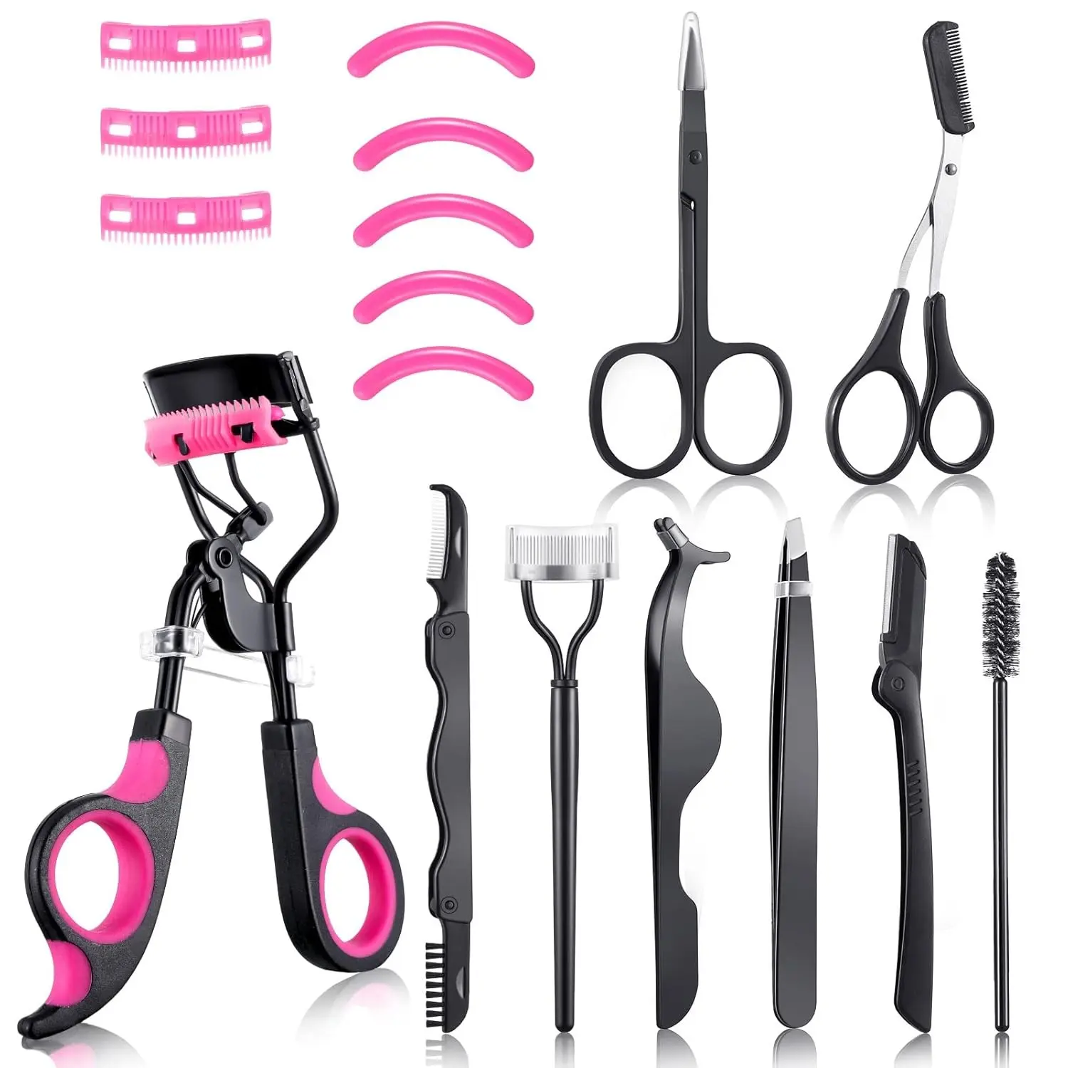Lash Curler Set Cosmetic Tools for Women, Makeup Tool Includes Lash Comb, Separator, Tweezers, Eyebrow Brush, Scissors, False Lash Applicator, Silicone Pads