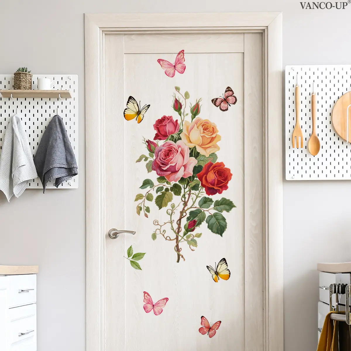 A new-style colorful rose, flower and butterfly flat wall sticker (30*60cm) for home decoration, self-adhesive wall sticker, M20430, Wall Art Stickers, Wall Decal, Decorative Wall Sticker