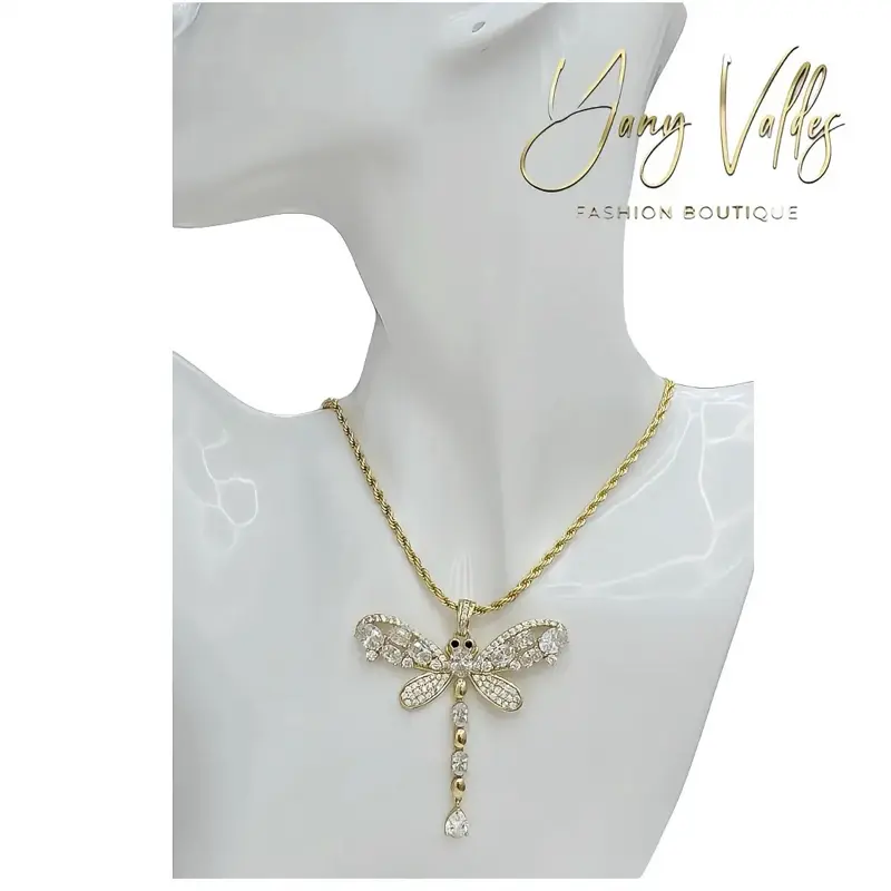 Gold finish rope chain with dragonfly pendant, elegant and eye-catching