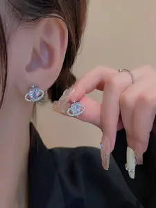 1 Pair Zircon Heart Planet Small Universe Earrings, Trendy Personalized Unique Ear Rings, Stylish Jewelry for Women, Perfect Gift Idea, Heart Shaped Earrings