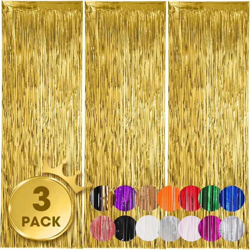 3 Pack 3.3x8.2 Feet Gold Foil Fringe Backdrop Curtains, Tinsel Streamers, Fringe Backdrop for 2025 New Years Eve, Graduation, Birthday, Shower, Gender Reveal, Disco Party