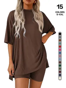 Women's 2-Piece Casual Loungewear Set - Light, Basic Round Neck Viscose & Polyester Top with Side Slit, Cloud-Like Breathable Oversized Style, Fashion Fit Cycling Shorts with Side Pockets (Maternity Womenswear)