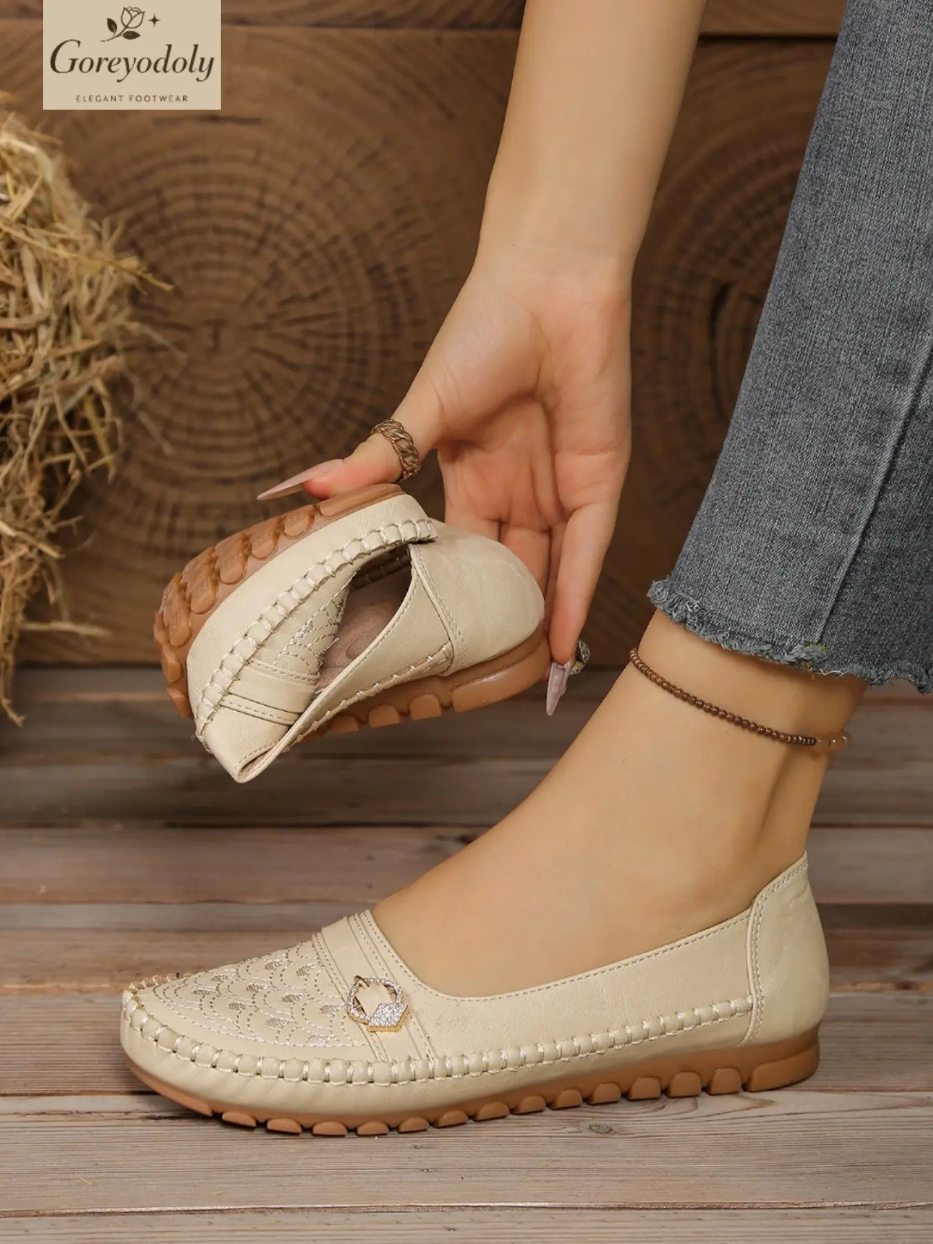 Goreyodoly Women's Casual Slip On Flats, Embroidery & Rhinestone Buckle Decor, Breathable Lightweight Comfortable Shoes for All Season, Ideal for Office, Travel, Commuting & Shopping, Soft Cushioned Insole, Slip-Resistant Footwear, Flat Round Toe Shoes