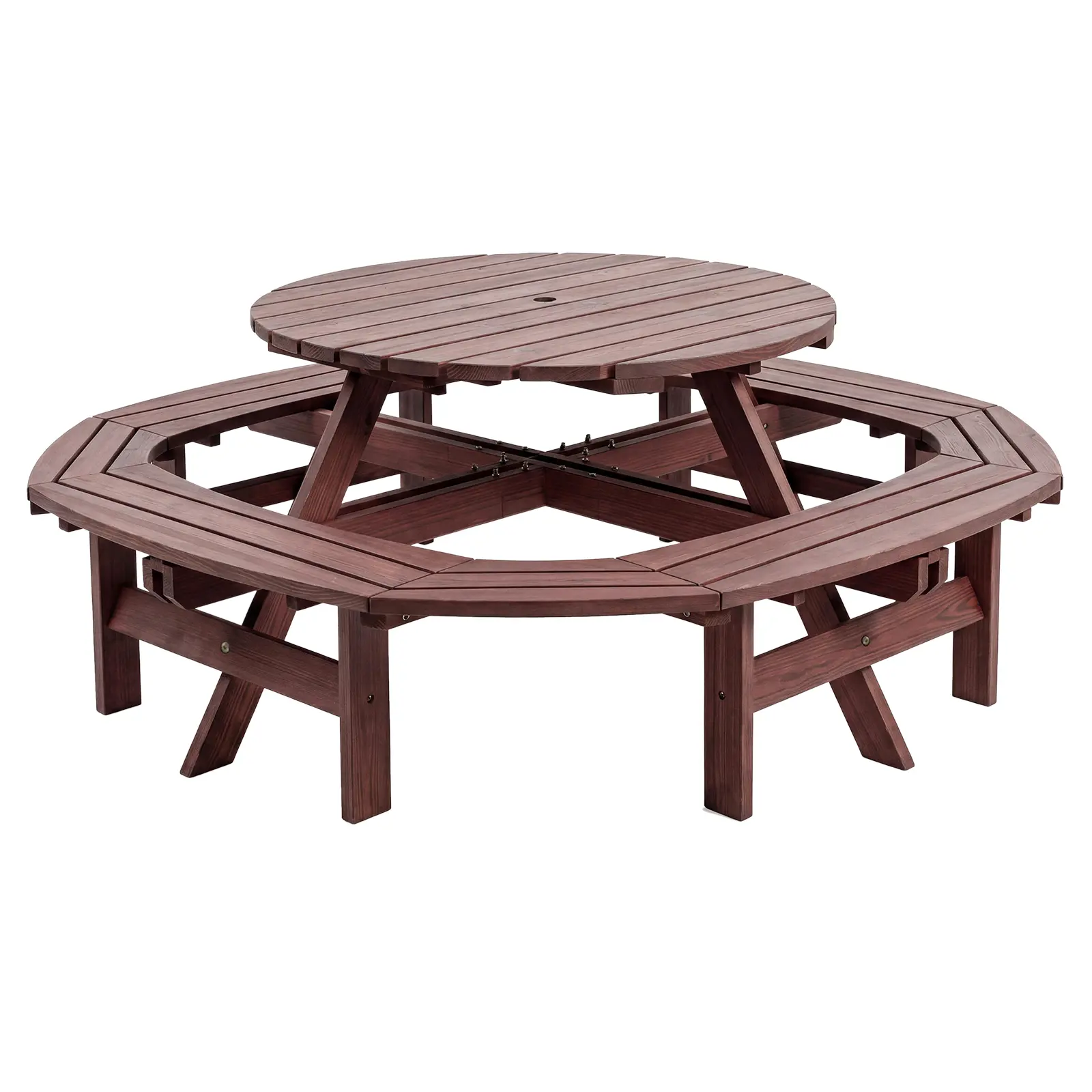 Outdoor Wooden Picnic Table Set - 8-Person Round Patio Dining Table with 4 Built-in Benches, Umbrella Hole, for Backyard, Garden, Camping - Natural Wood Finish,Dark Brown/Natural Wood(2 Boxes)