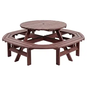 Outdoor Wooden Picnic Table Set - 8-Person Round Patio Dining Table with 4 Built-in Benches, Umbrella Hole, for Backyard, Garden, Camping - Natural Wood Finish,Dark Brown/Natural Wood(2 Boxes)