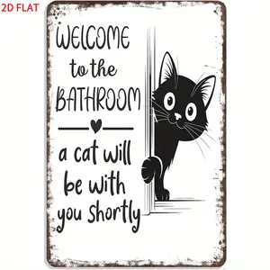 2D Flat, 1pc Fun Bathroom Decor - Vintage Aluminium Sign "Welcome to the bathroom – a cat is about join you" with Black Cat Peeking Out Design for Wall Art, Suitable as Gift or Office/Living Room Décor, 8x12 Inches, Office Decoration, Home Decor