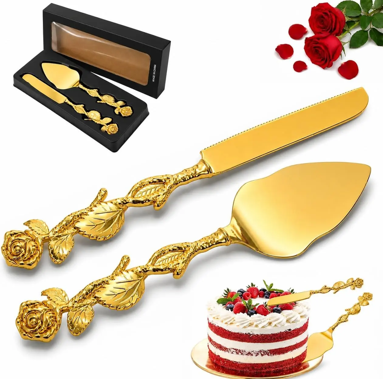 Wedding Cake Knife and Server Set, Gold Cake Cutting Set for Wedding, Vintage Rose Wedding Cake Cutter and Server for Birthday, Party, Anniversary, Cake, Pie, Pizza