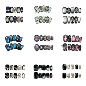 Assorted Short Square Press On Nails Set, Multiple Styles With Gem, Glitter And Pattern Designs, Handmade Reusable Acrylic Fake Nails For Fashion Variety