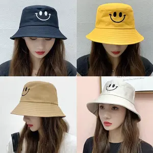 Unisex Bucket Hat Smile Embroidery Women Cotton Corduroy Double-Sided Bob Hip Hop Hat Four Season Panama Beach Fishing Sun Caps Travel Tourism Beach Vacation