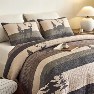 100% Cotton Quilts Queen/King Size - Farmhouse Cabin Lodge Bear Deer Tree Quilt Set, Soft Patchwork Plaid Bedspreads Lightweight Quilted Bedspread with 2 Pillow Shams, Brown