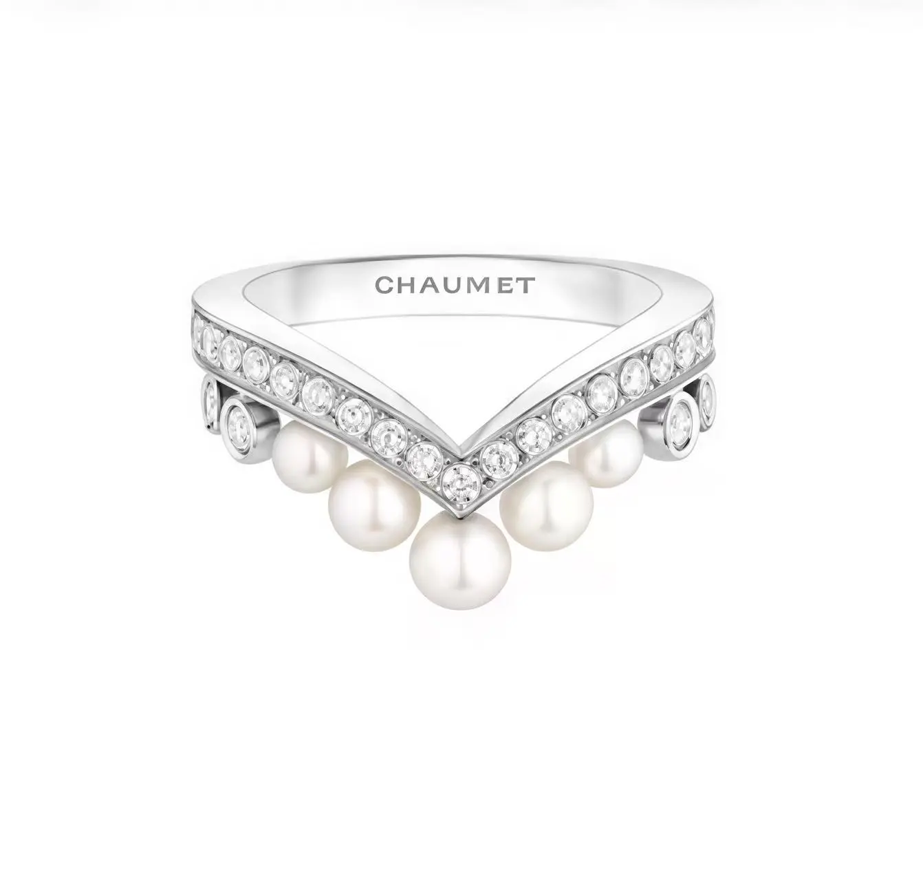Pre-owned Chaumet Joséphine Aigrette pavé diamond ring in white gold, set with Akoya cultured pearls and brilliant cut diamonds, Complete set