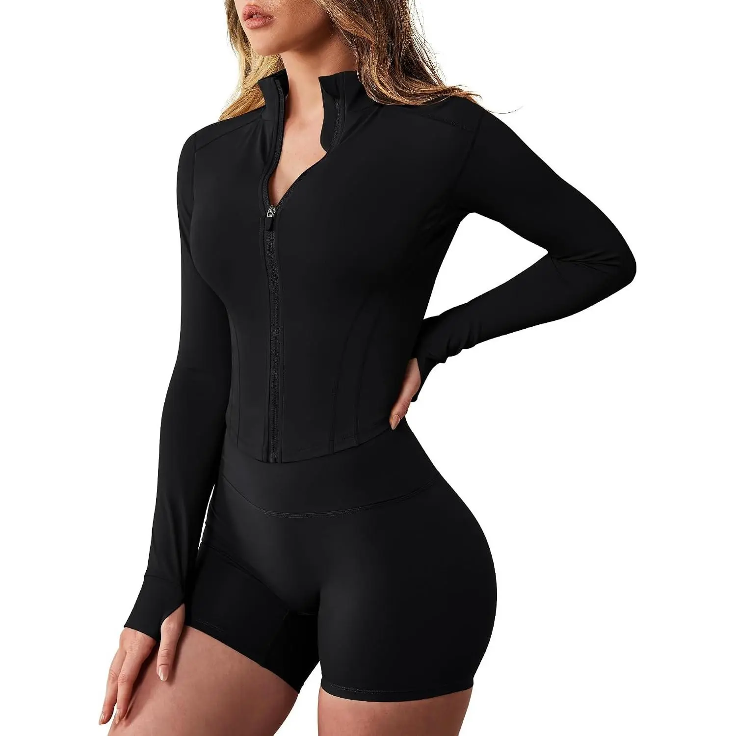 Women's Workout Jacket Lightweight Zip Up Crop Top Running Sportwear Slim Fit Gym Jackets With Thumb Holes