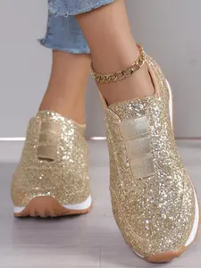 Women's Glitter Sequin Decorated Lace Up Low Top Sneakers, Casual Comfortable Breathable Sports Running Shoes, All-match Basic Shoes for Daily Wear, Girl, Casual Fashion Shoes