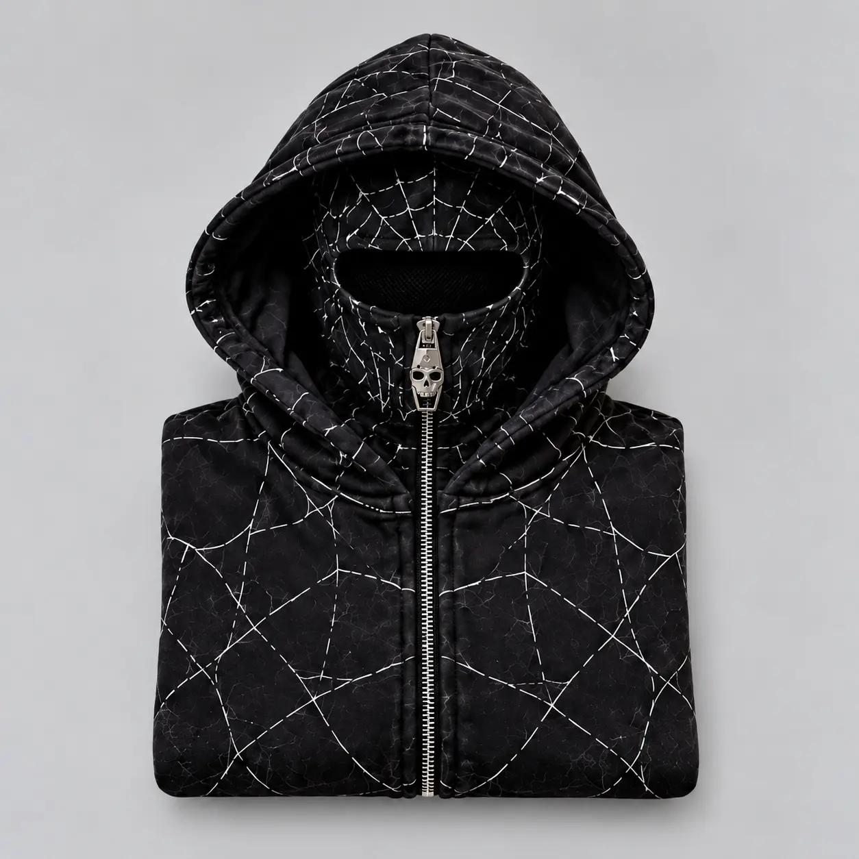 Black Spider Web Ninja Zip-Up Hoodie, Double Hood Face Cover Sweatshirt, Gothic Streetwear Jacket, Alternative Unisex Hoodie