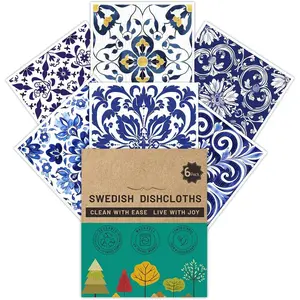 Swedish Dishcloths 6 Pack,  Paper Towels Super Absorbent and Quick Drying for Kitchen,  Washable Dish Towels Dishwasher Safe, Cleaning Cloths with WaterColor Design (Grid)