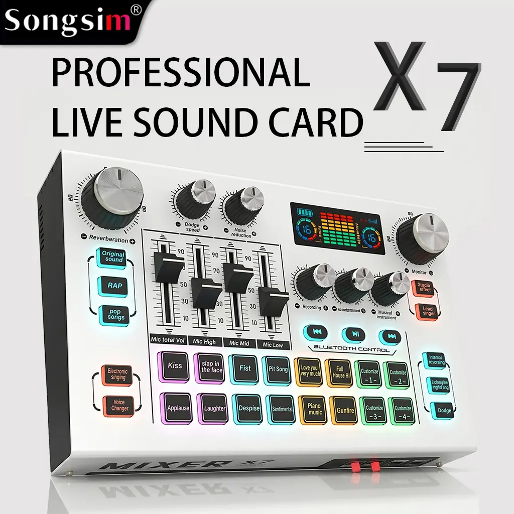 Songsim-X7 mixer, 48V podcast console supporting dual-host live streaming, EQ adjustment, real-time monitoring, scene simulation, sound effect recording, voice changer, suitable for gaming, podcasts, live streaming, recording, and studio use.