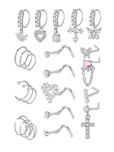 20G Dangle Nose Ring L Shaped Dangling Nose Stud For Women Stainless Steel Nose Ring Studs CZ Flower Dangle Nose Rings Hoops Nose Piercing Jewelry Nose Rings Set