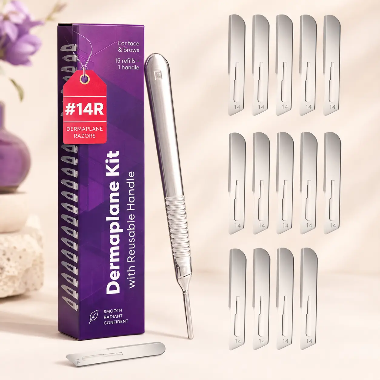 MyMed Women's Facial Hair Remover Dermaplane Razor Kit - #14r Carbon Steel Blades, 15 Refills, Reusable Handle for Adults' Face, All Skin Types At-Home Easy Hair Removal Set