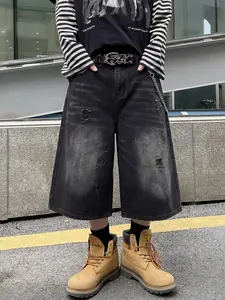 Men's Casual Loose Wide Leg Denim Shorts, All Seasons Street Style, Pure Color Pocket Design, Versatile Straight Fit Jeans