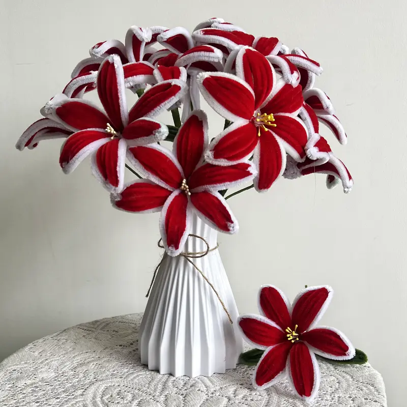Pipe Cleaner Chenille Stems Handmade Red & White Lily Flower Making Kit DIY Art Flower Bouquet Craft Set Hot Glue Sticks Tape