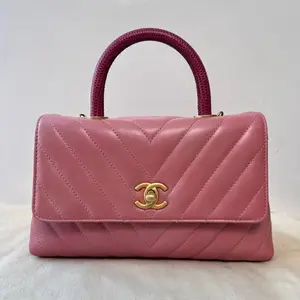 Pre-owned CHANEL 2018 Coco Handle Bag in Pink Glazed Calfskin with Python Handle and Authenticity Card WWL HD