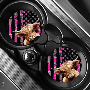 Pink Camo Cow Flag Car Coasters - Unique Design for Car Decoration
