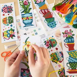 6-Piece Floral Theme Cross Stitch Bookmark Kit, Beginner-Friendly Creative Sewing Set with Tea Cup and Flower Patterns, Includes Printed Fabric, Embroidery Threads, Tools, and English Instructions