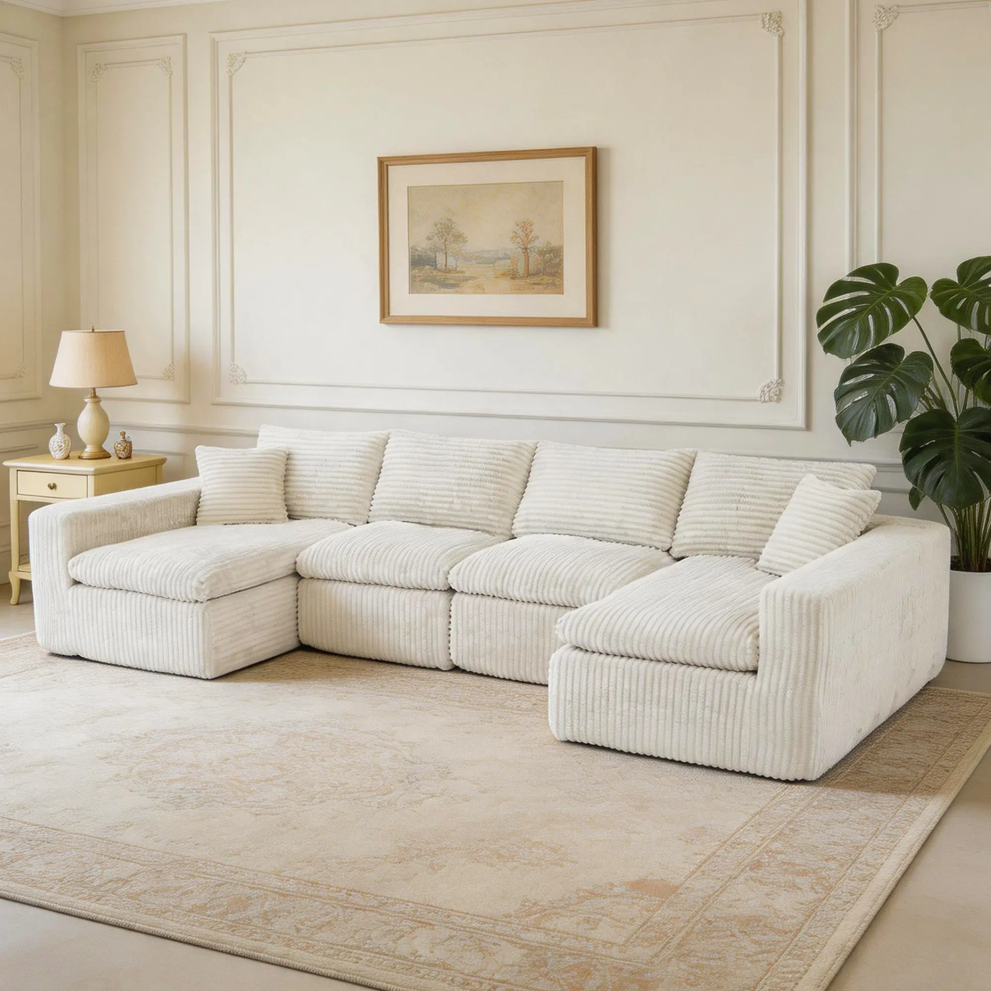130" U-Shaped Modular Cloud Sectional Sofa, No-Assembly Memory Foam Compression Floor Sofa for Living Room (Beige White, Black, Green, Blue)