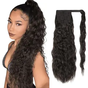 Corn Wave Ponytail Extension Clip-in 22 Inch Long Wavy Curly Synthetic Hairpiece for Women Natural Black #1B Heat Resistant High-Quality Fibers 110 Grams