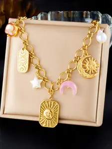 1Pcs Stainless Steel Hot Style Sun Moon Dangle Necklace for All Occasions 18K Golden Plated Trending Daily Jewelry New