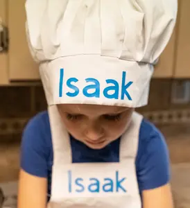 Chef Apron Hat Cooking Sets Child Size 2-10 Years Cotton Blend Adjustable Velcro Hat & Loop Neck Apron for Kids Cooking Lessons Lightweight Gift Personalized Isaak Design