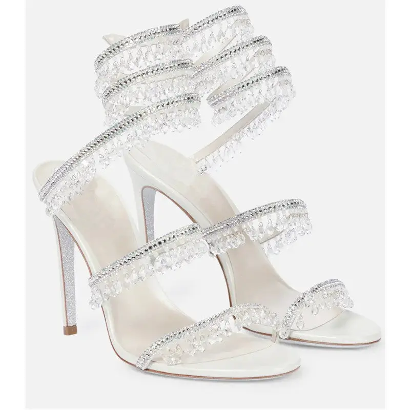 Women's Stiletto Heels, Pedal Design, Crystal Pendant, Snake-Wrapped Rhinestone Tassel Accents