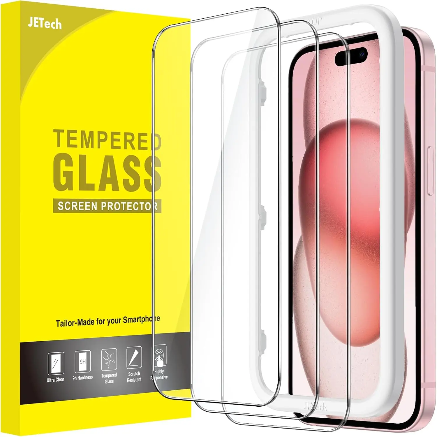 JETech Screen Protector for iPhone 15, 3-Pack | 9H Tempered Glass, HD Clear, Anti-Scratch Protection, Easy Installation Tool
