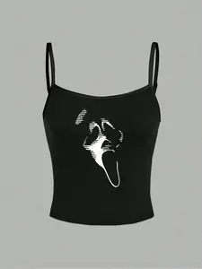 Halloween Women's Homecoming Ghost Face Print Slim Fit Tank Top, Casual Soft Sleeveless, Sweet Spicy Sleeveless Design, Casual Holiday