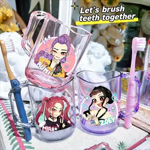 Trendy Korean K-pop Inspired Cute Cartoon Character Tooth Mug - HUNTRIX RUMI MIRA Anime Merch Acrylic Toothbrush Cup, Fun Stylish Bathroom Tumbler for Kpop Fans, Aesthetic Cute Bathroom Accessory Gift
