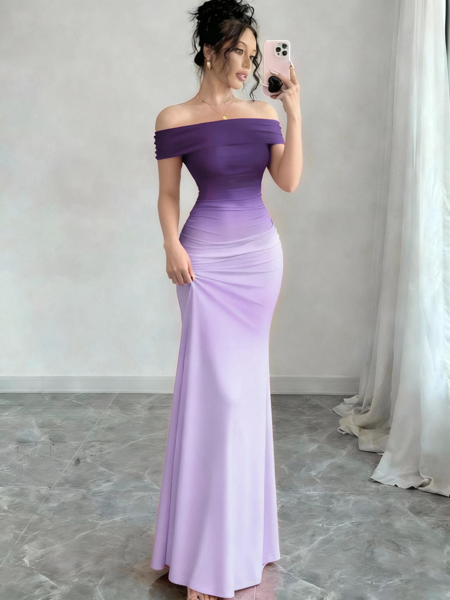 Women's 2026 New Stylish Off-Shoulder Short-Sleeve Ombré Effect Bodycon Maxi Dress for Evening Wear