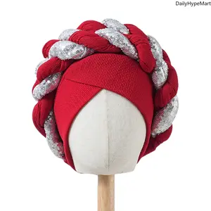 Sparkly Double Braid Turban, African Style Pom Pom Knit Hat, Retro Ear Cover