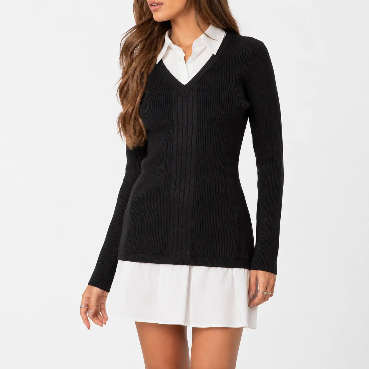 Women's V-Neck Ribbed Knit Layered Sweater, Long Sleeve Slim Fit Collared Pullover Top, Preppy Business Casual Office Shirt Sweater for Fall Winter Outfits