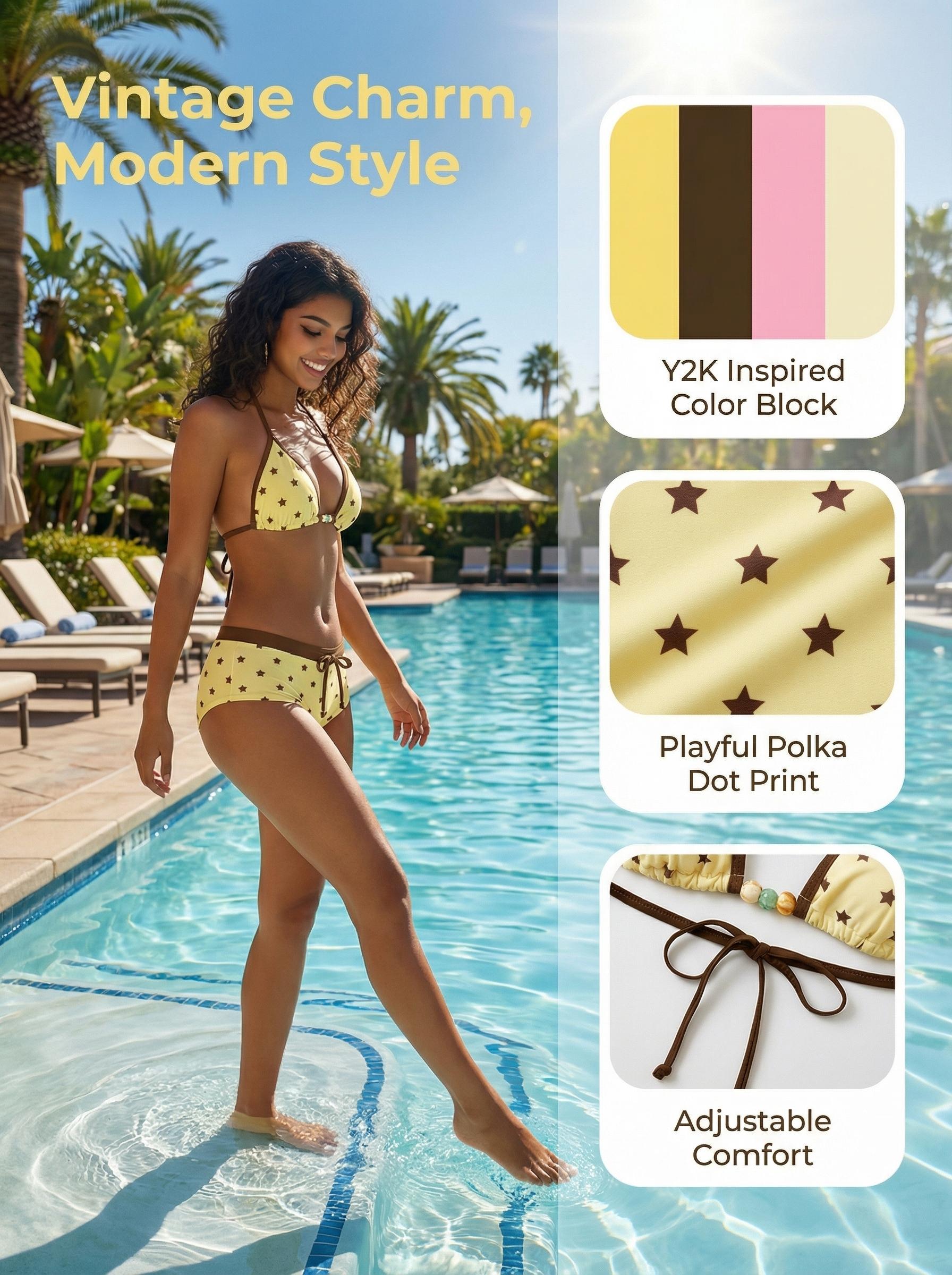 Women's Swimsuit bikini,retro yellow polkat Print vintage colour block swimsuit pants summer sets for/Going Out Outfits/Birthday