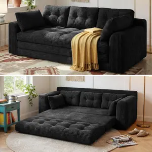 Raybee 2-3 Seater Convertible Folding Sofa Bed, Corduroy Pull Out Sleeper Sofa Couch with Pillows, Foldable Floor Couch Comfy Lounge for Small Space Living Room Bedroom, Black, Gray, White