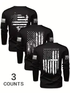 3 Pack Men's Patriotic Long Sleeve T-Shirt Set, Distressed USA Flag & 1776 Graphic Tees, "One Nation Under God" American Pride Tops, Veteran Casual Shirts, Breathable Outdoor Work & Gym Long Sleeve, Trending 2026 Patriotic Gift for Men