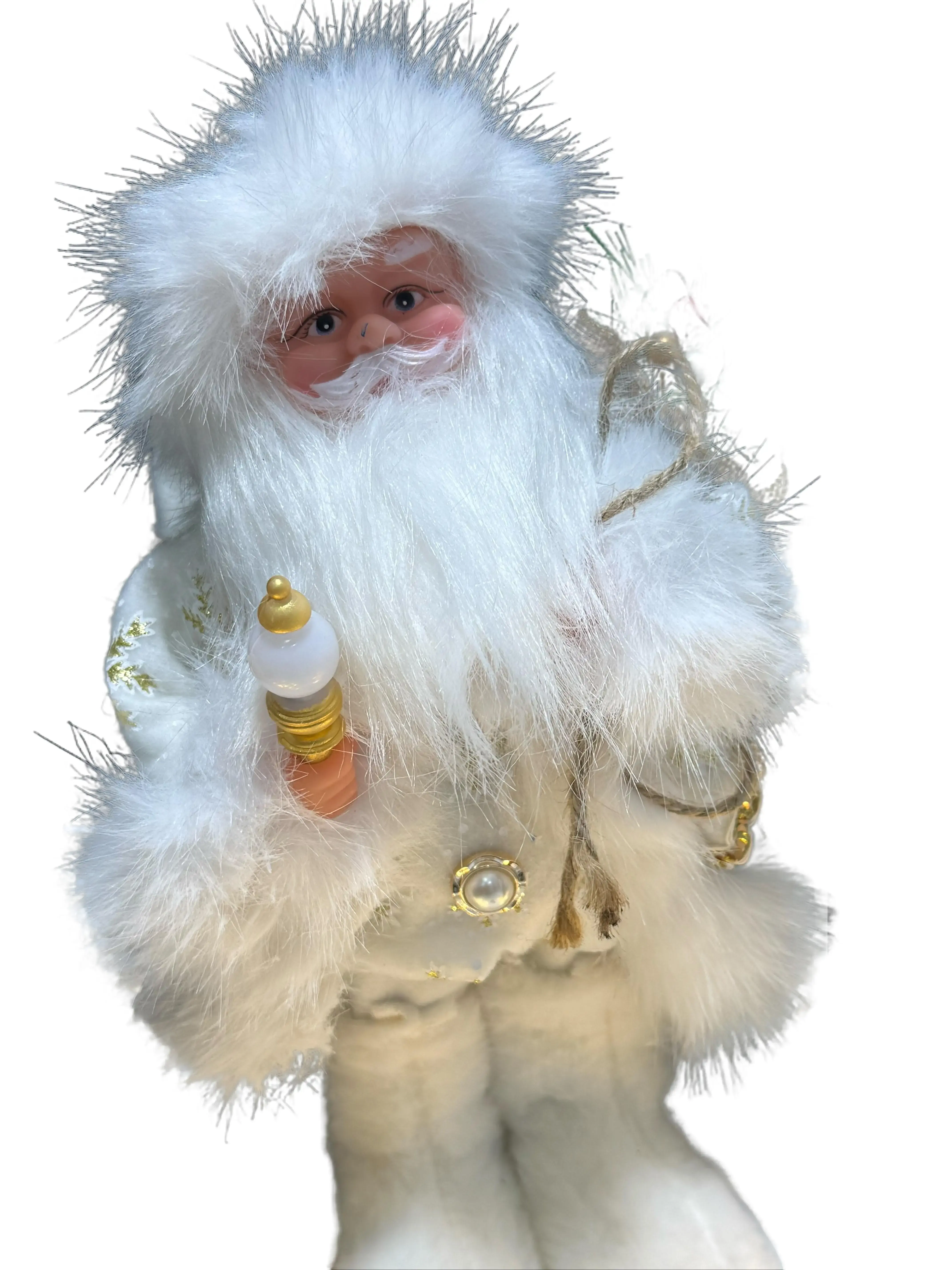 Festive Santa Claus Figure with White Fur and Gold Accents for Holiday Decorations
