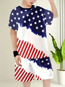 Boys' Patriotic Casual, Usa Flag Festival Print Short Sleeve T-Shirt + Shorts Set, Kids Simple Leisure, Independence Day Memorial