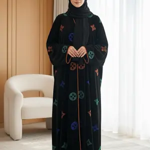 Dubai Velvet Abaya with Colorful Embroidery and Long Sleeves for Women