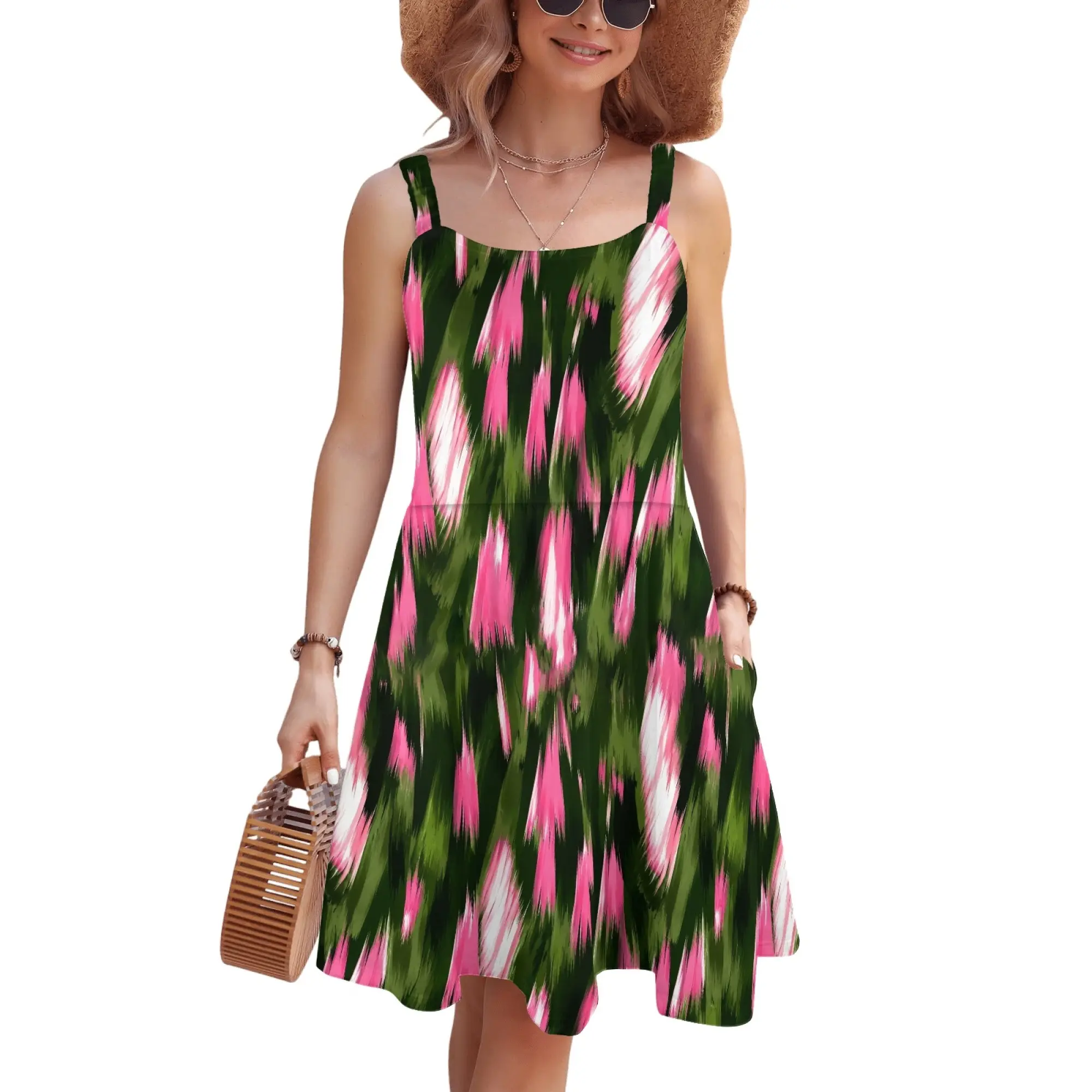 Abstract Brushstroke Print Square Neck Wide Strap Tank Mini Dress Flared Swing Hem With Side Pockets For Beach Getaways Backyard Barbecues And Coastal Walks